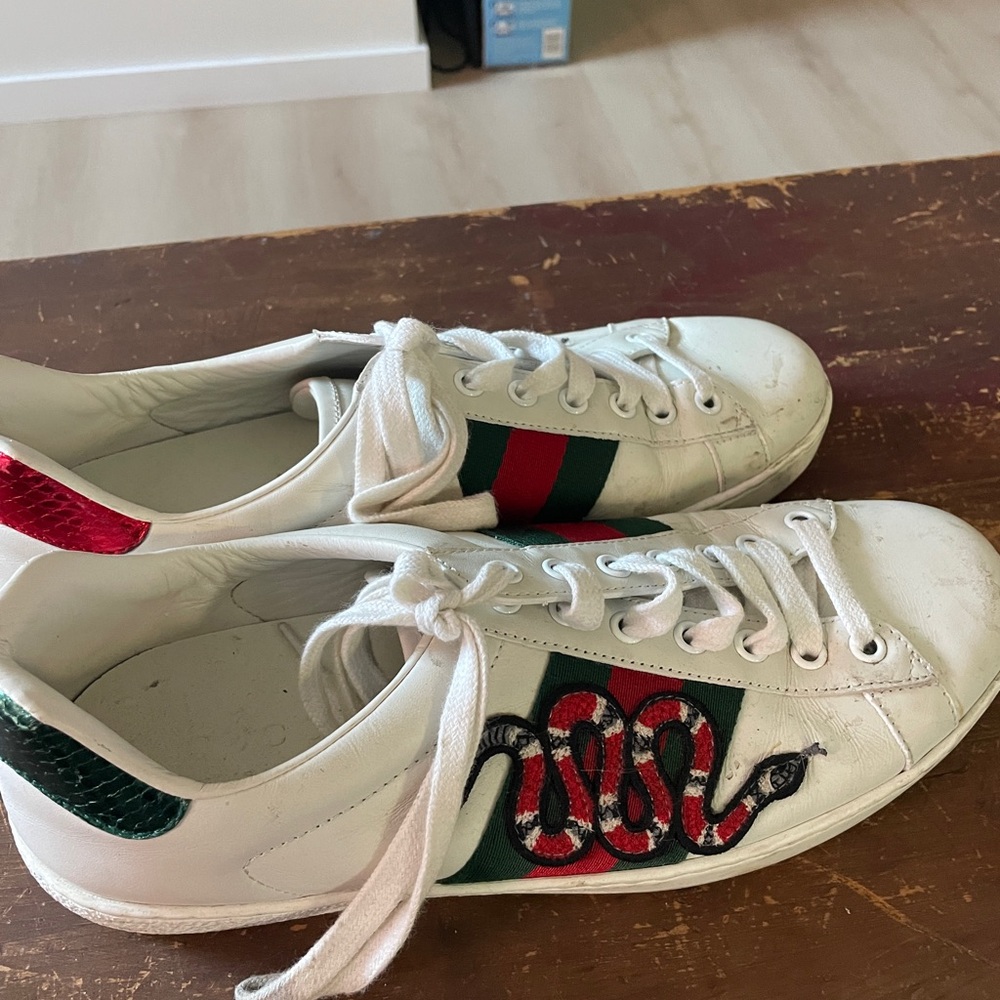 Gucci White Sneakers with Red and Green Snake Motif